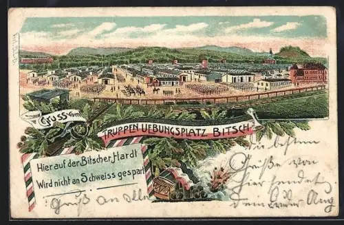 Künstler-AK Bitche, Blick auf den Truppenübungsplatz