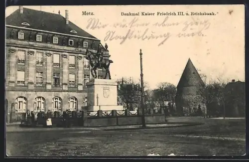 AK Metz, Denkmal Kaiser Friedrich III. und Reichsbank