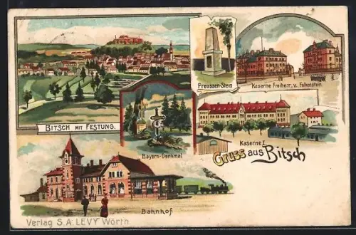Künstler-AK Bitsch, Ortsansicht mit Festung, Bahnhof, Bayern-Denkmal, Kaserne Freiheirr v. Falkenstein