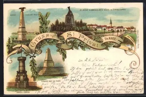 Lithographie St. Privat, Denkmal d. kaiserl. Armee-Corps, Denkmal d. Garde-Corps