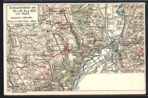 Künstler-AK Metz, Karte v. Schlachtfeld um Metz 16. u. 18. August 1870