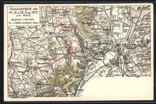 Künstler-AK Metz, Karte v. Schlachtfeld um Metz 1870