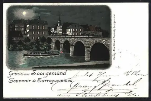 Lithographie Sarreguemines, Vue nocturne du pont et des bâtiments avec bateau sur la rivière