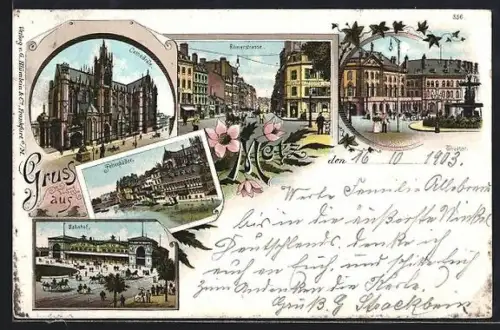 Lithographie Metz, Kathedrale, Felsenbäder, Bahnhof