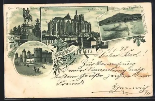 Lithographie Metz, Kathedrale, Deutsches Tor, Kaiser-Wilhelm-Denkmal