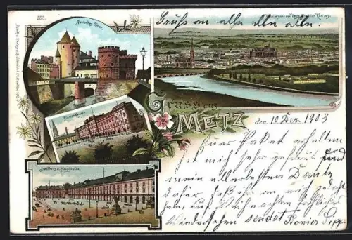 Lithographie Metz, Deutsches Thor, Flusspartie mit Brücke, Kaserne