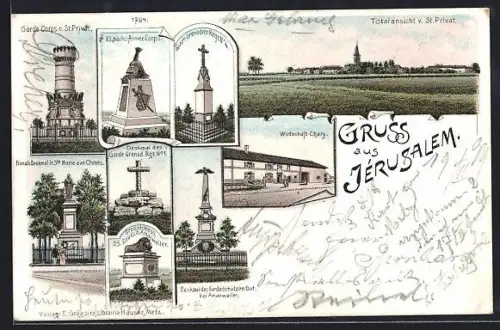 Lithographie St. Privat, Gasthof Chary, Kriegerdenkmäler, Ortsansicht mit Kirche