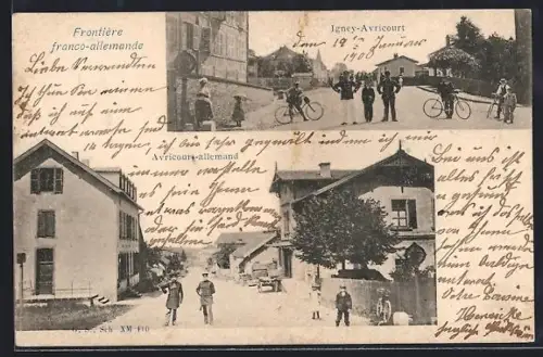 AK Igney-Avricourt, Frontière franco-allemande, Cyclistes et bâtiments adjacents