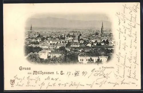AK Mülhausen i. E., Vue générale de la ville avec clochers et collines en arrière-plan