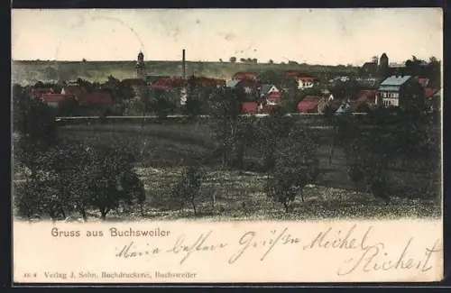 AK Buchsweiler, Vue panoramique du village avec cheminées et paysage environnant