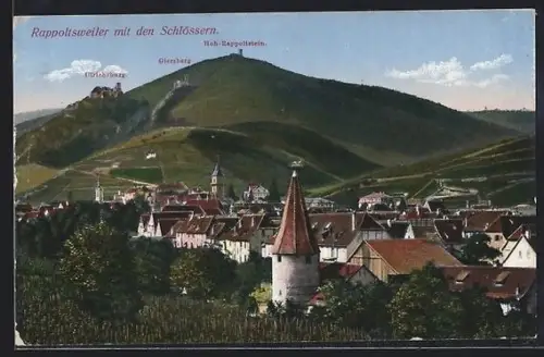 AK Rappoltsweiler, Ortsansicht mit den drei Schlössern, Ulrichburg, Giersberg