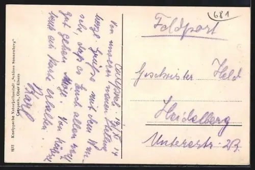 AK Carspach, Vue sur le village avec croix au premier plan et route bordée d`arbres