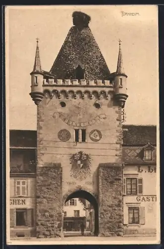 AK Türkheim, Porte de la ville avec blason et tours médiévales