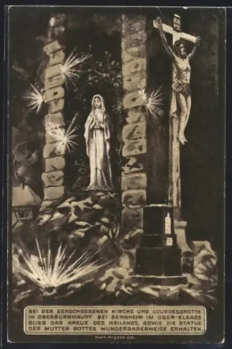 AK Oberburnhaupt bei Sennheim, Erhaltenes Kreuz und Muttergottesstatue in der zerstörten Kirche