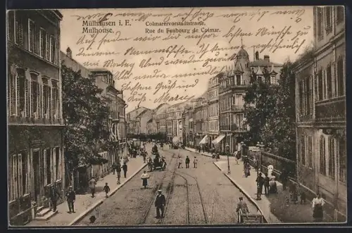 AK Mulhouse, Rue du Faubourg de Colmar animée avec piétons et attelages