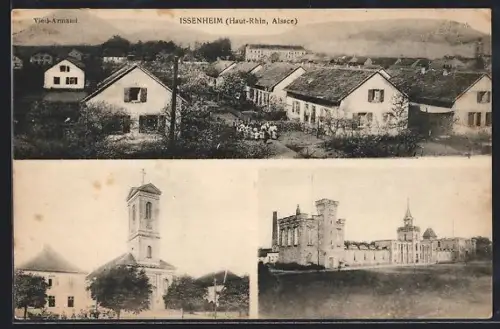 AK Issenheim /Haut-Rhin, Vue du village avec église et bâtiment historique