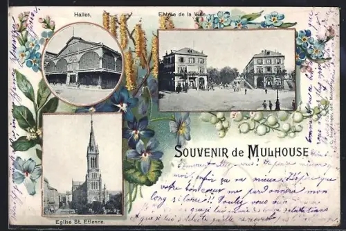 AK Mulhouse, Halles, Entrée de la ville et Église St. Étienne