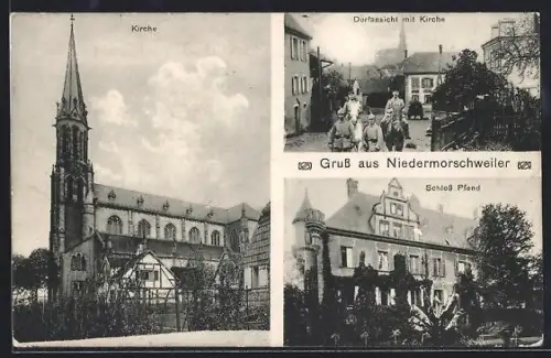 AK Niedermorschweiler, Kirche, Schloss Pfend, Soldaten im Dorf