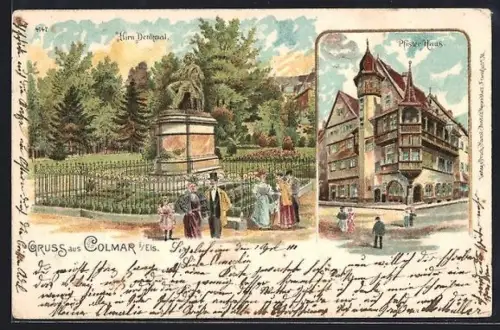 Lithographie Colmar i. Els., Pfister Haus, Hirn Denkmal