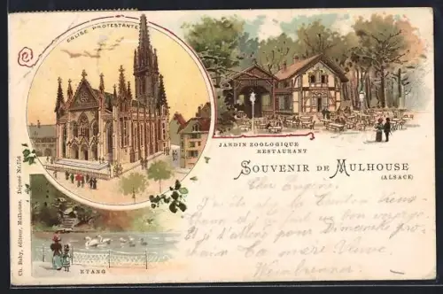 Lithographie Mulhouse, Église protestante et Jardin zoologique avec restaurant