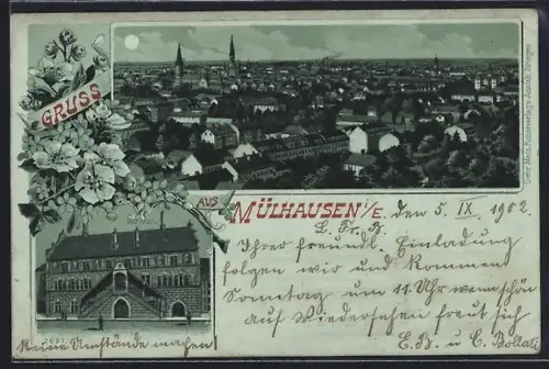 Mondschein-Lithographie Mülhausen, Rathaus, Ortsansicht im Vollmondlicht