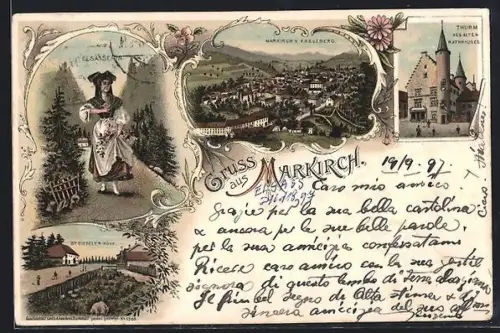 Lithographie Markirch, Ortsansicht vom Kreuzberg aus, Thurm d. alten Rathhauses, Elsässerin in Tracht