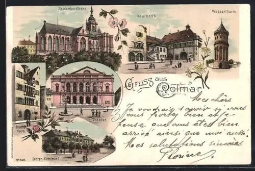 Lithographie Colmar, Kaufhaus, Wasserturm, Lehrer-Seminar, St. Martins Kirche