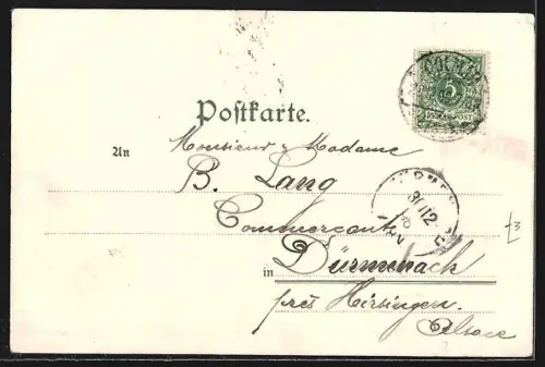 Lithographie Colmar, Kaufhaus, Wasserturm, Lehrer-Seminar, St. Martins Kirche