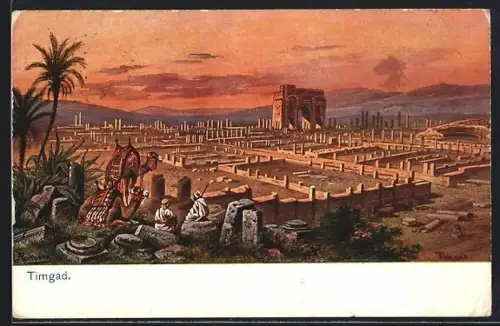 Künstler-AK Timgad, Blick über den Ort während der Dämmerung
