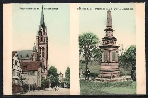 AK Wörth a. S., Denkmal des 3. Württ. Jägerbatl., Friedenskirche in Fröschweiler