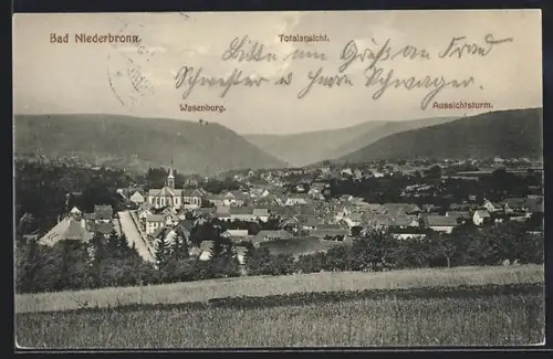 AK Bad Niederbronn, Ortsansicht mit Wasenburg und Aussichtsturm
