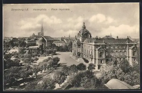 AK Strassburg i. E., Kaiserplatz mit Stadtblick aus der Vogelschau