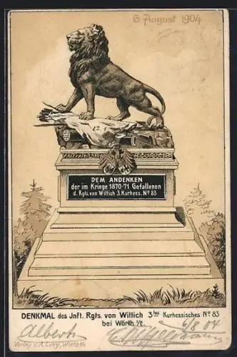 AK Denkmal der im Kriege 1870-71 Gefallenen d. Rgts. von Wittich 3. Kurhess. No. 83, Löwe, Reichseinigungskriege