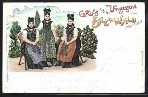 Lithographie Sulz u. Wald, Drei Frauen in Trachten