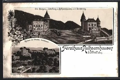 Lithographie Ottrott, Forsthaus Rathsamhausen, Ruinen der Ottrotter Schlösser