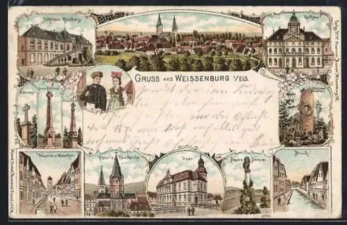 Lithographie Weissenburg i. Els., Schloss Geisberg, ruch, post, Hauptstrasse