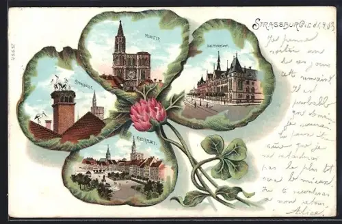 AK Strassburg i. E., Münster, Kaiserl. Postamt, Storchennest, Kleeblatt-Passepartout