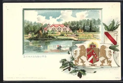 Lithographie Strassburg, Hauptrestaurant i. d. Orangerie, Wappen