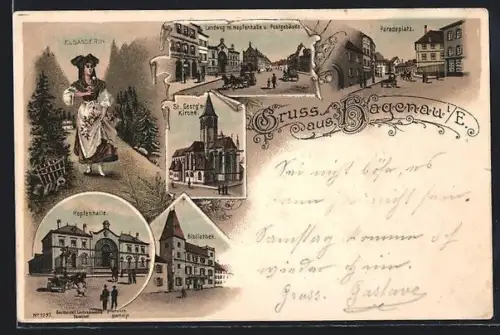 Lithographie Hagenau i. E., Landweg m. Hopfenhalle, Paradeplatz, St. Georg`s Kirche