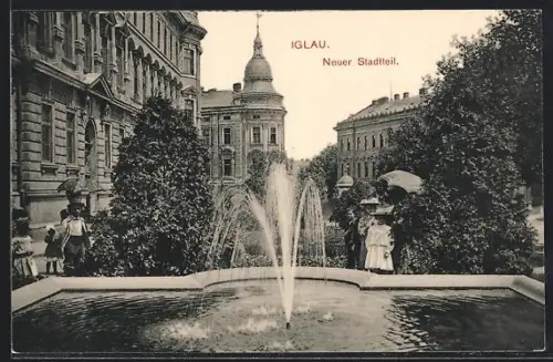 AK Iglau, Neuer Stadtteil mit Brunnen