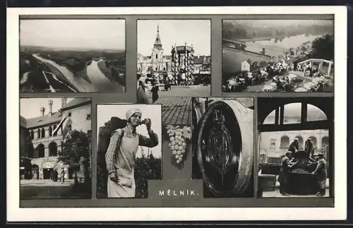 AK Melnik, Collage mit Architektur, Bäuerin und Arbeitern