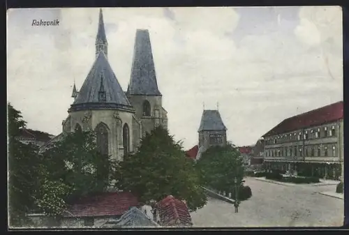 AK Rakovnik, Strassenpartie mit Kirche