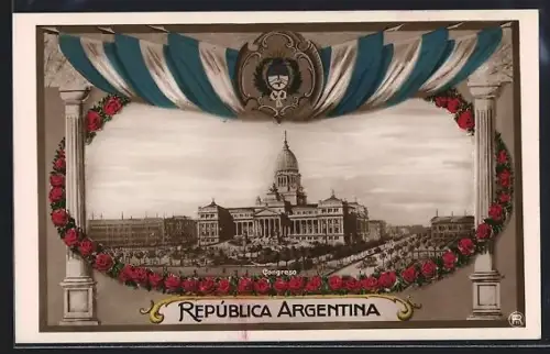 AK Buenos Aires, Congreso, Passepartout mit argentinischen Flaggen und Rosen