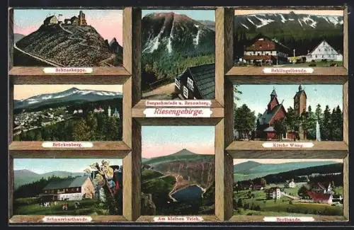 AK Brückenberg, Gesamtansicht, Schneekoppe, Bergschmiede, Schlingelbaude, Kirche Wang, Brotbaude, kleiner Teich