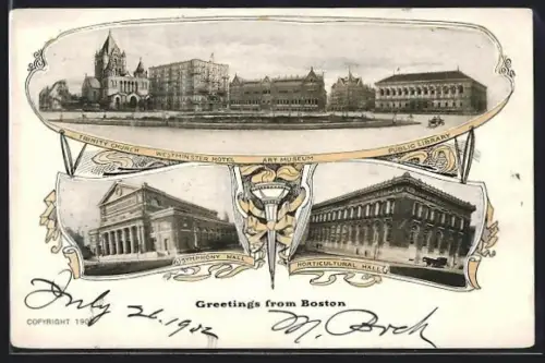 AK Boston, MA, Trinity Church, Westminster Hotel, Art Museum, Public Library, Symphony Hall, Horticultural Hall