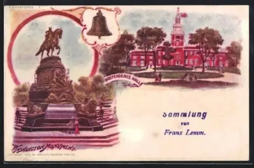Lithographie Philadelphia, PA, Independence Hall, Washington Monument