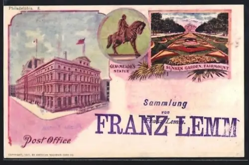 Lithographie Philadelphia, PA, Post Office, Genl. Meades Statue, Sunken Garden Fairmount