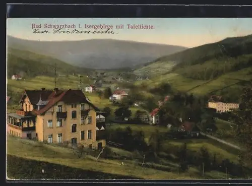 AK Bad Schwarzbach i. Isergebirge, Ortspartie mit Tafelfichte