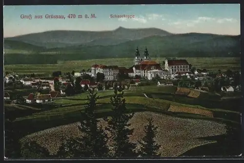 Künstler-AK Grüssau, Kloster mit Schneekoppe