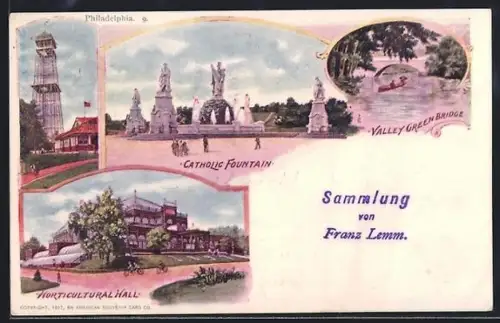 AK Philadelphia, PA, Catholic Fountain, Valley Green Bridge, Horticultural Hall